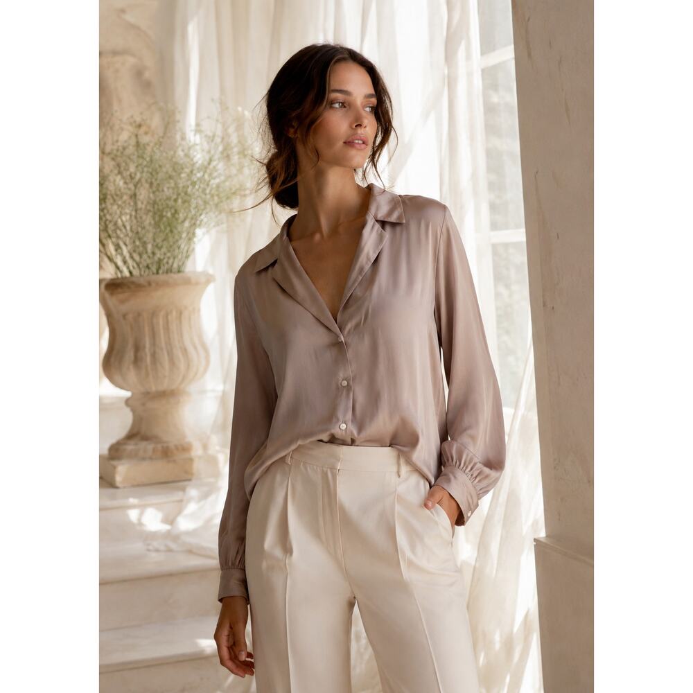 Gap Womens Large Champagne Satin Blouse Button Front Silky Shirt Top